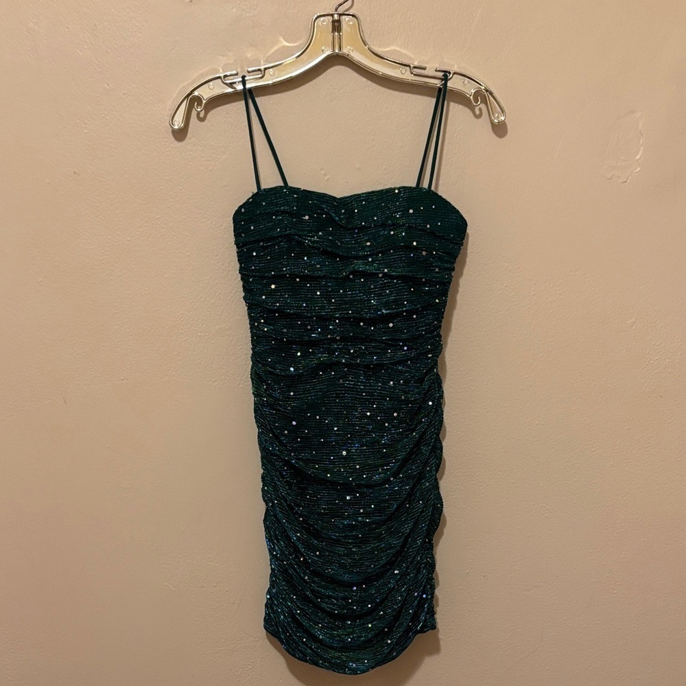 Lulu's Glittering Green Ruched Mini Dress